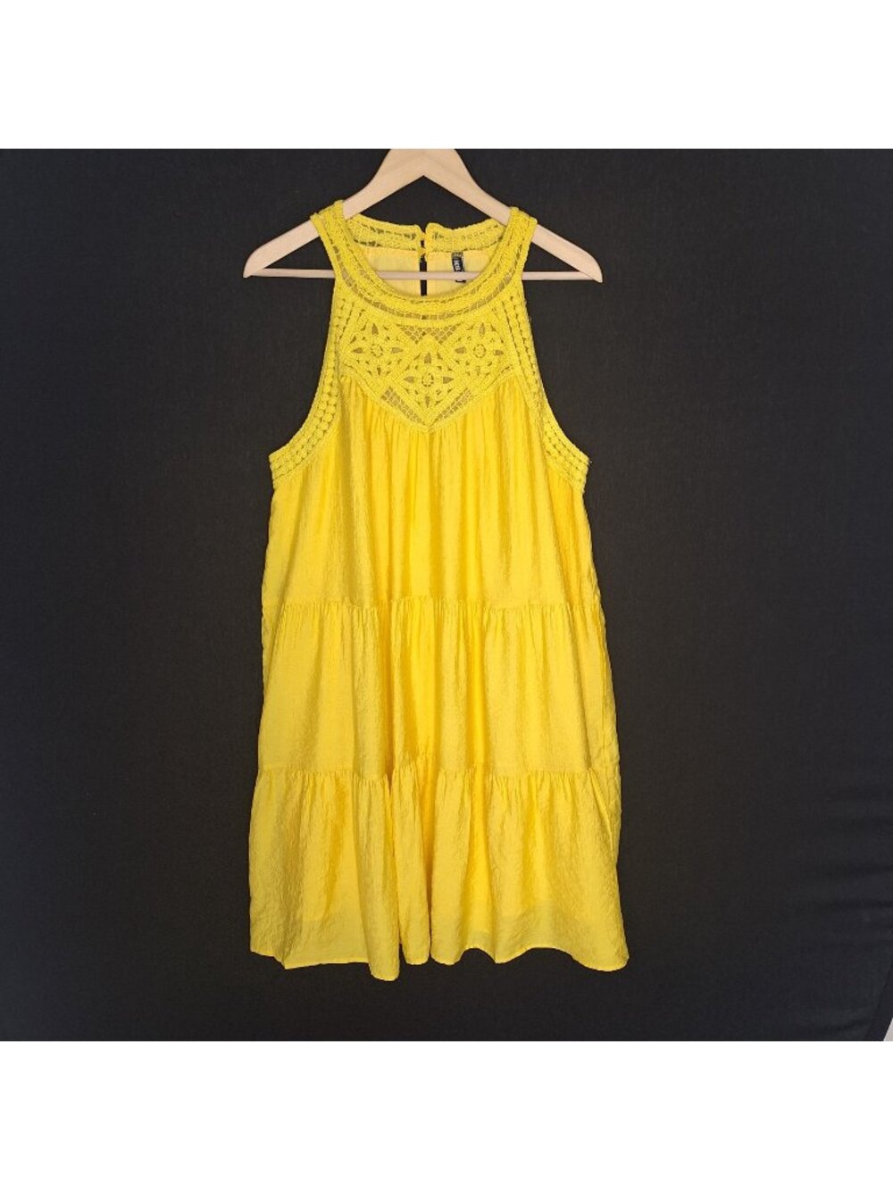 💙 BTFBM Yellow Flowy Crochet Sun Dress Size XL Lined Cottage Vacation Cruise